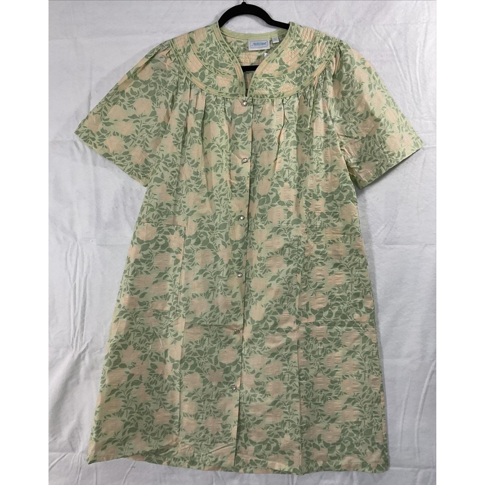 National Robe Womens Large Green Floral Short Sleeve Button Kaftan Housecoat